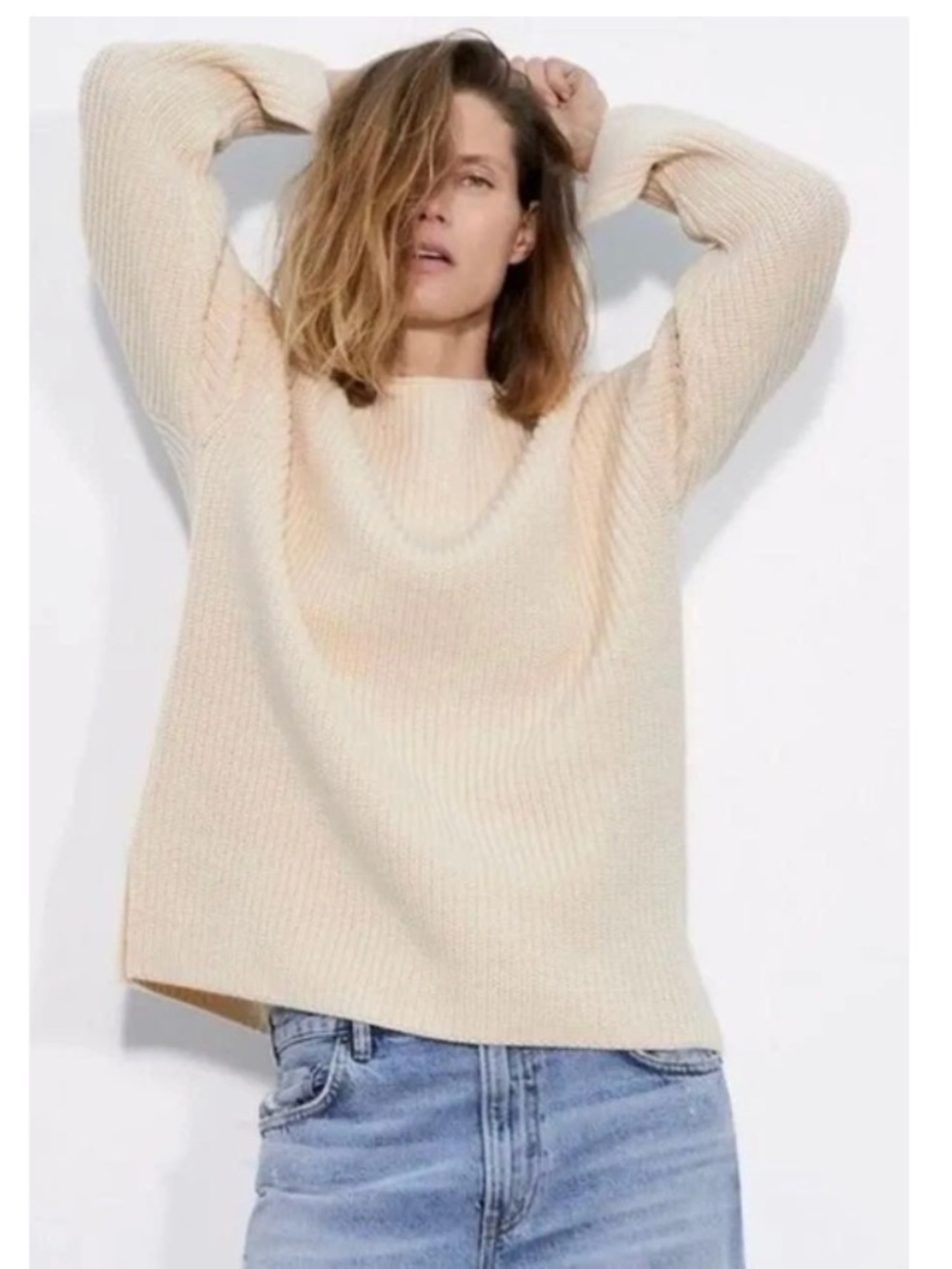 Zara Chunky Ribbed Knit Oversized Pullover Sweater Neutral Cream